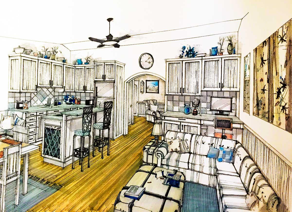 House plan rendering: Kitchen with island, bar stools, and adjacent living area with sectional sofa and coffee table.