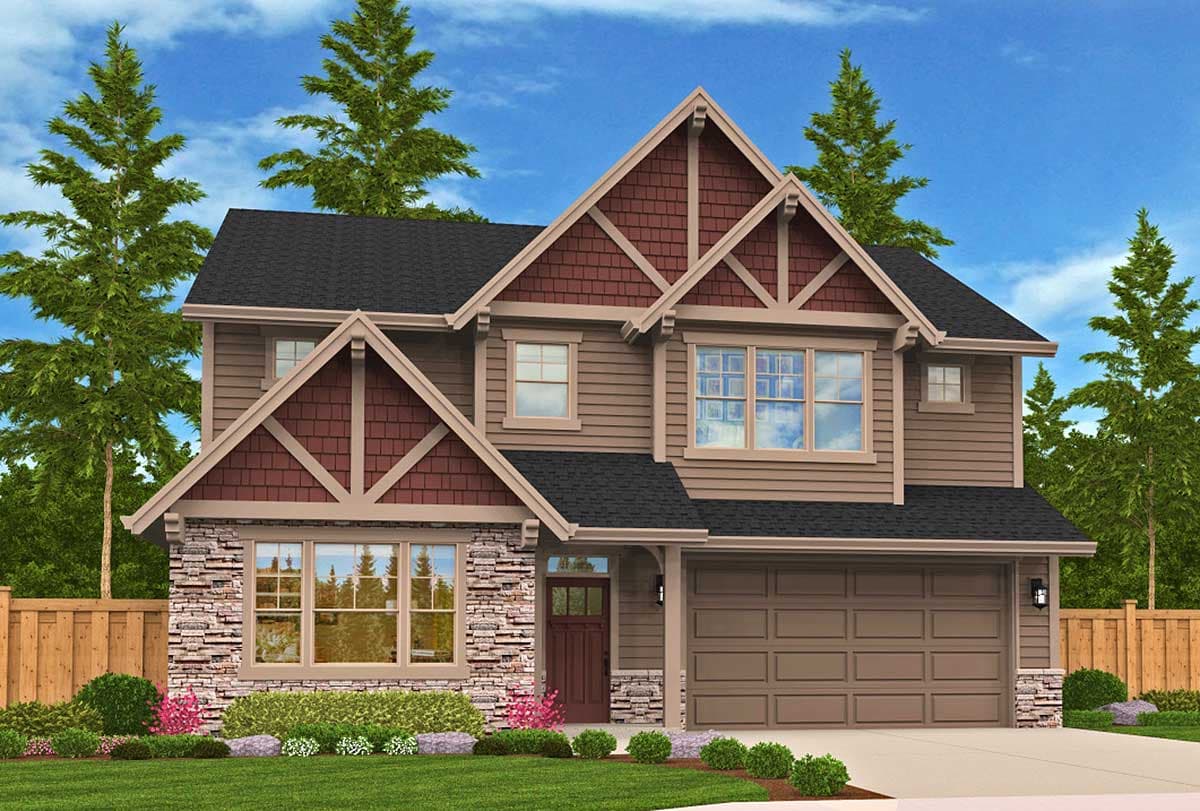 Two-story house plan exterior with prominent gables, stone accents, multiple windows, and a two-car garage.