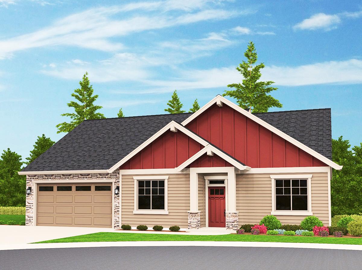 House plan exterior: Ranch style with a prominent front gable, stone accents, and a two-car garage.