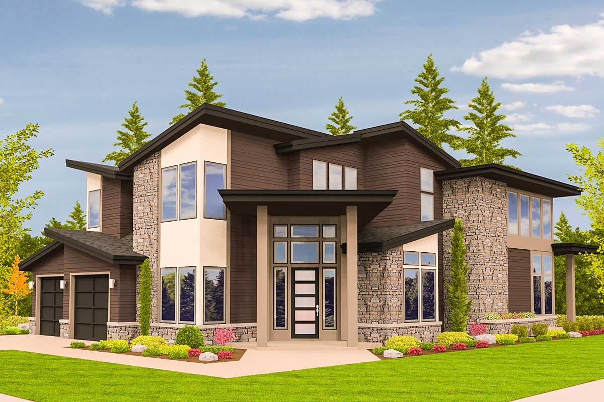 House plan exterior. Two-story Modern house with a flat roof, stone accents, and a covered entry. Garage is front-facing.