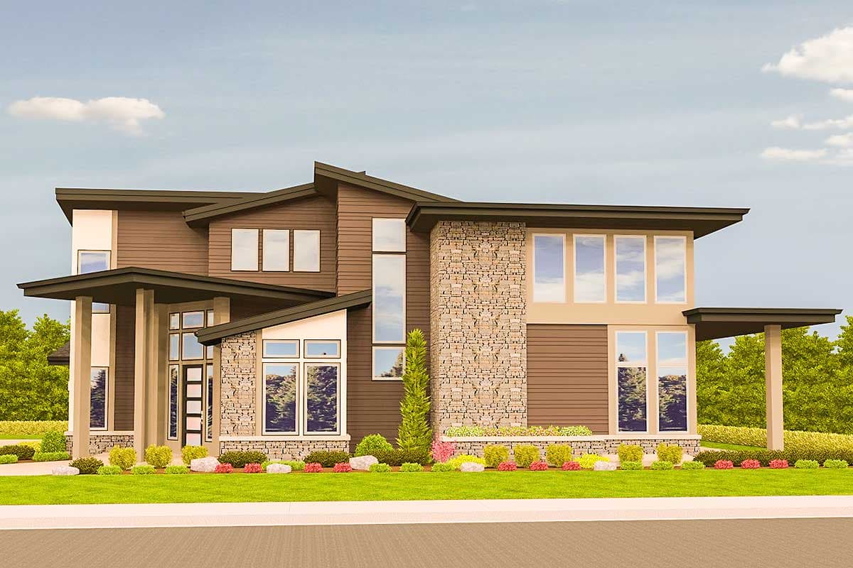 Modern house plan exterior with stone accents, multiple gables, and large windows.