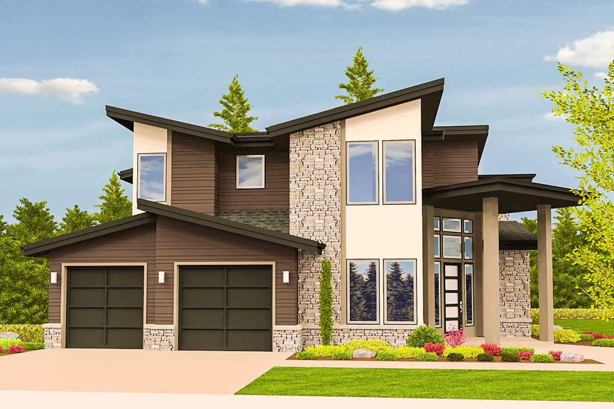 Modern house plan exterior with asymmetrical rooflines, stone accents, large windows, and a two-car garage.