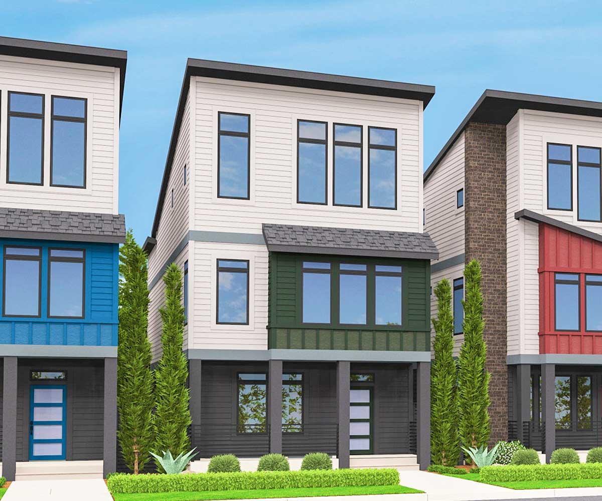 Modern townhouse plan exterior with three stories, projecting bay window, and mixed siding materials.