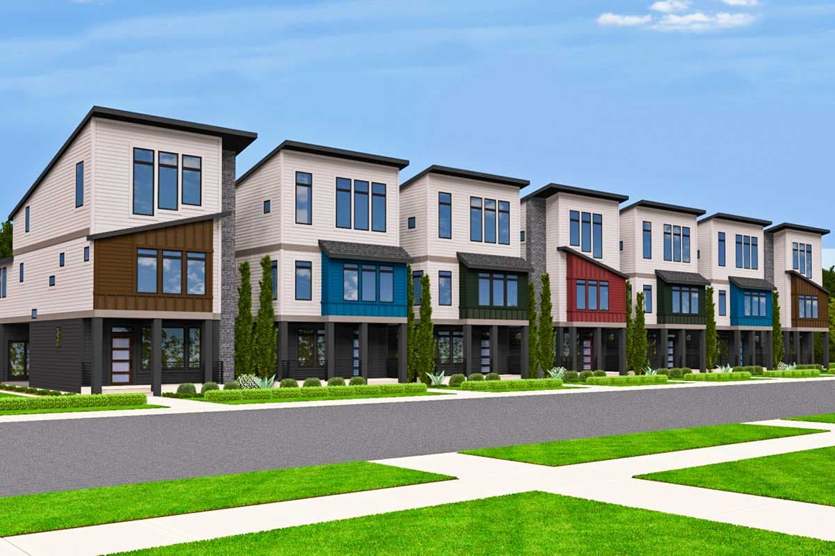 Contemporary townhomes with varied facade colors, large windows, and flat roofs. House plan exterior.