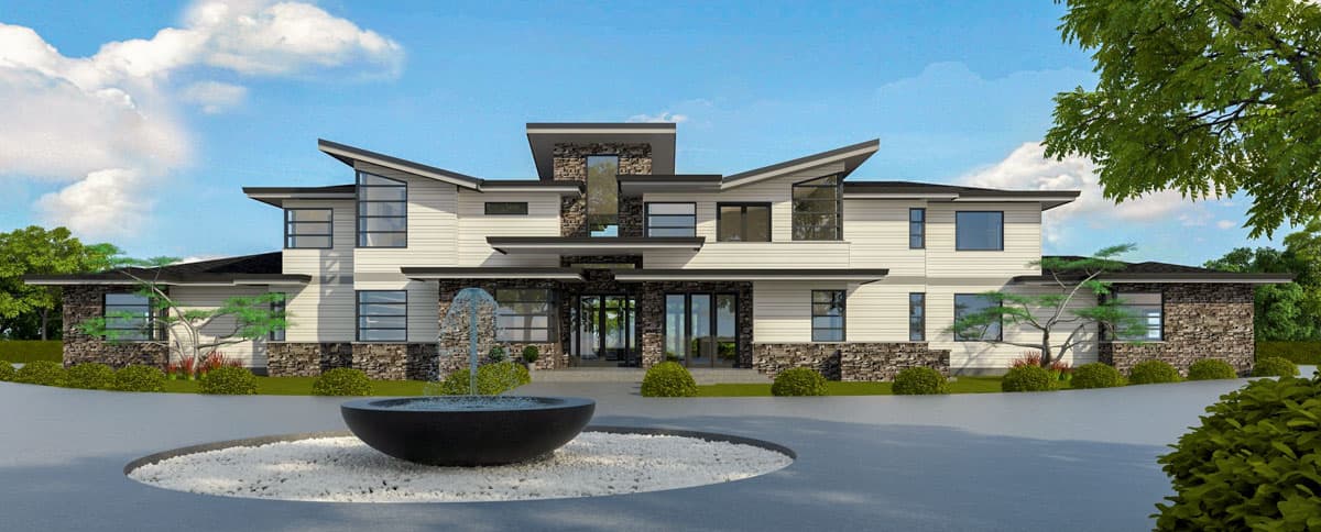 Modern house plan exterior with stone and siding, multiple asymmetrical rooflines, large windows, and a central entrance.