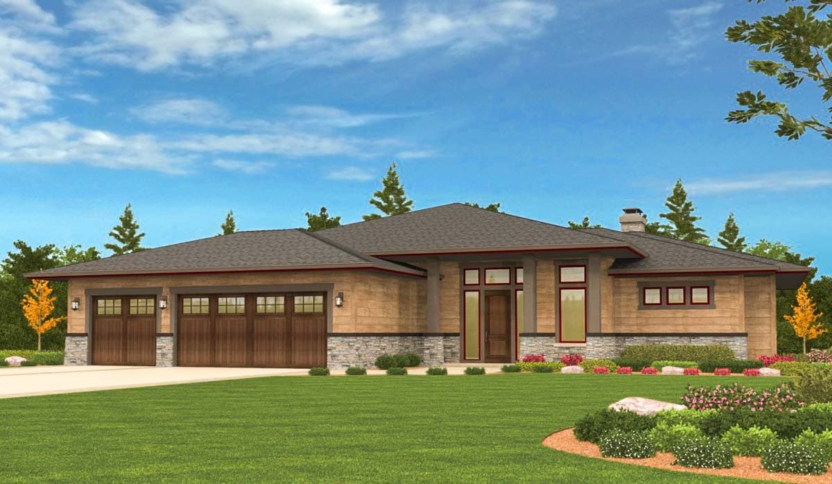 Modern house plan exterior featuring a low-pitched roof, horizontal siding, stone accents, and a three-car garage.