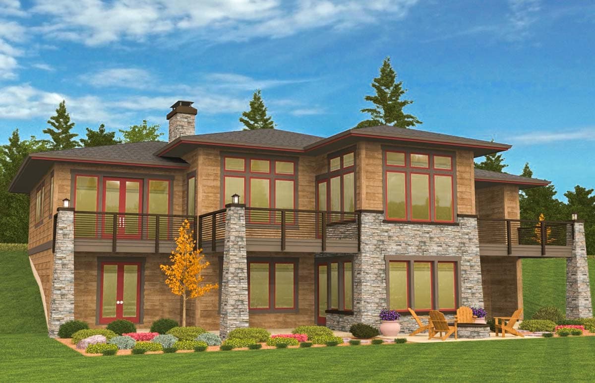 House plan exterior: Contemporary style, two stories, stone and wood siding, large windows, and wraparound balconies.