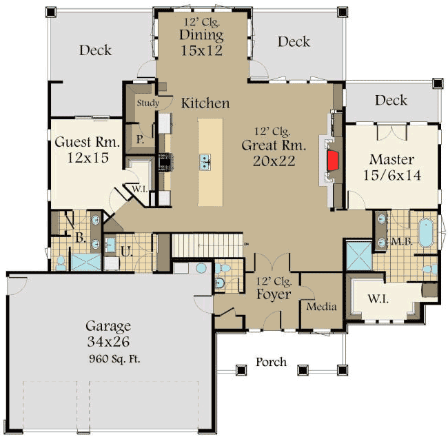 Plan 85126MS: Prairie Ranch Home with Walkout Basement - Floor Plan - Main Level - Mountain, Northwest, Prairie, Ranch