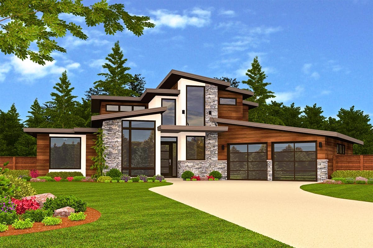 Modern two-story house plan exterior with wood siding, stone accents, large windows, angled rooflines, and a three-car garage.