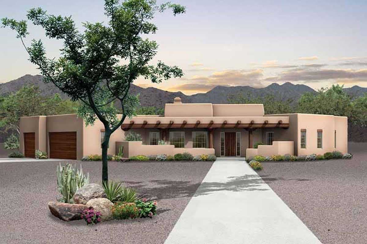 Southwestern style house plan exterior, one story, with a covered portal, two-car garage, and stucco walls.