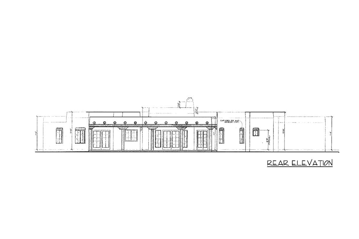 Rear elevation drawing of a single-story house plan featuring a covered loggia with columns and multiple French doors.