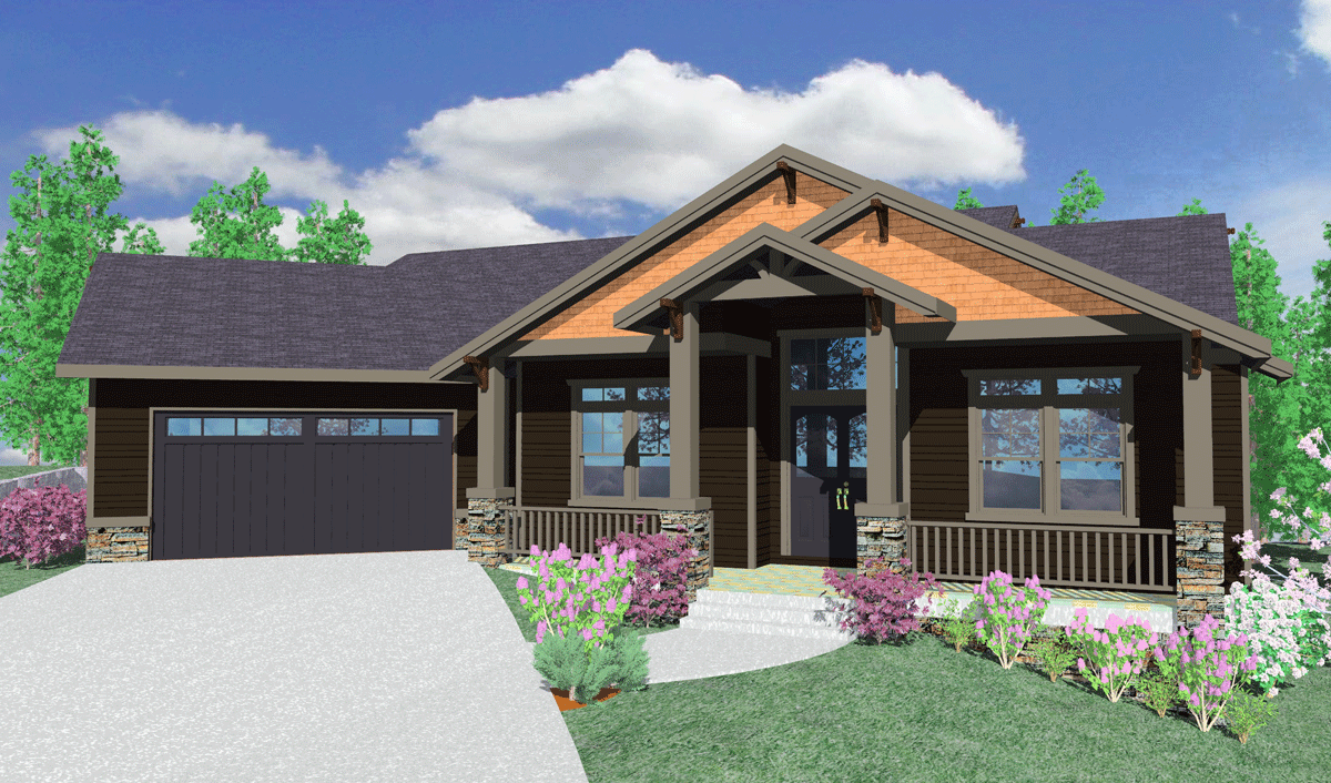 House plan exterior: Craftsman style, one story, side-entry garage, covered front porch with stone pillars and gable.