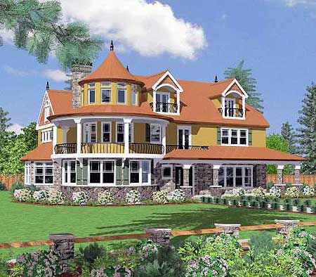 House plan exterior: Victorian style, three stories, turret, wrap-around porch, and multiple gables.