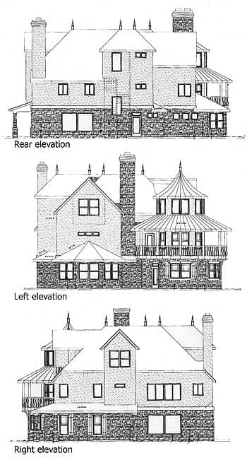 Rear, left, and right elevations of a house plan. Features include stone base, gables, dormers, and a conical turret with a balcony.