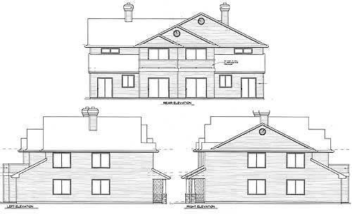 Architectural house plan elevations showing front, rear, and side views. Features include multiple gables, balconies, and chimneys.