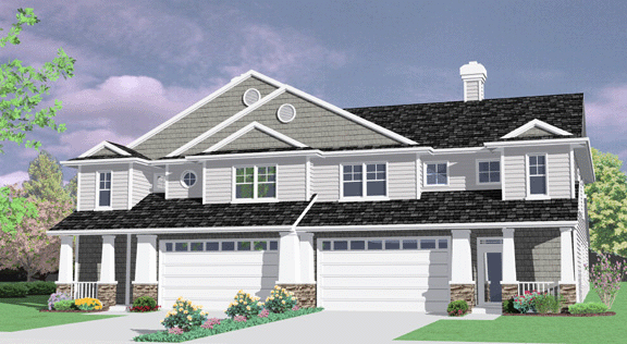 House plan exterior: two-story duplex with gables, dormers, attached garages, and covered porches.