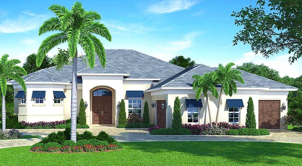 House plan exterior: single-story, stucco finish, arched entry, hip rooflines, and a two-car garage with wooden doors.