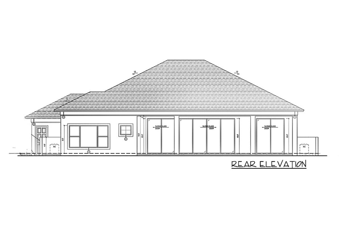 Rear elevation drawing of a single-story house plan with multiple sliding glass doors and a hip roof.