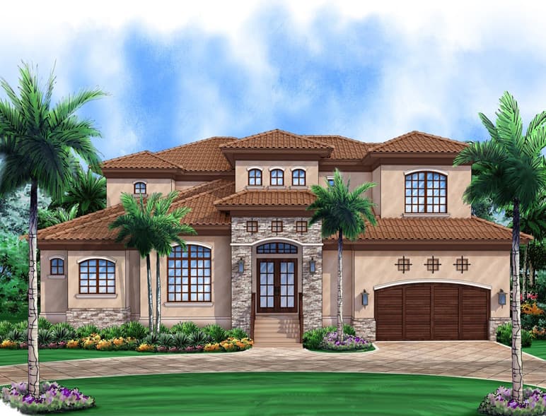 House plan exterior, two-story Mediterranean style with arched windows, stone accents, double garage doors, and tile roof.
