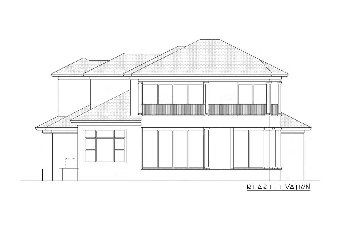 Rear elevation drawing of a two-story house with a hip roof, balcony, and multiple large windows.