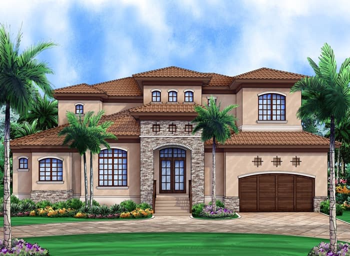House plan exterior: Two-story Mediterranean style with arched entryway, stone accents, multiple gables, and attached garage.