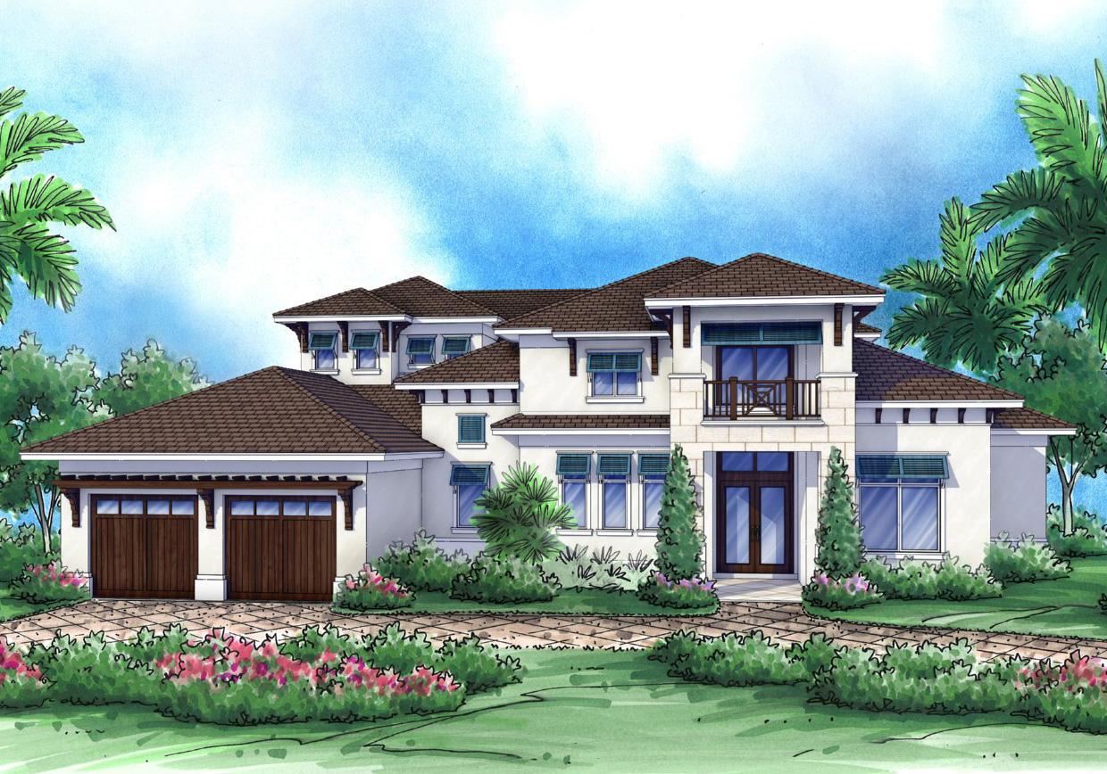 House plan exterior: Two-story modern home with a hip roof, dual garage doors, covered balcony, and numerous windows.