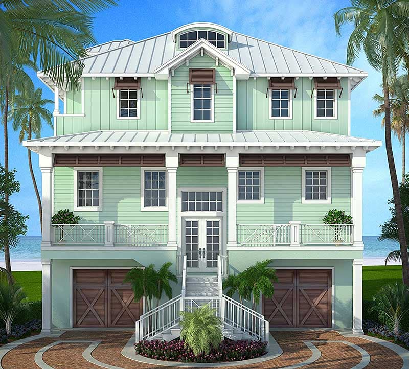 House plan exterior: three-story coastal home with metal roof, wide porch, two garage doors, and central dormer.
