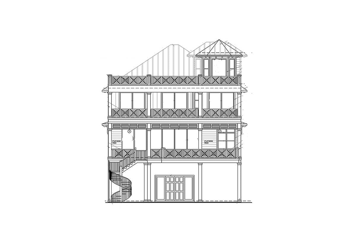 House plan exterior with three stories, multiple balconies with latticework, spiral staircase, and a gabled dormer.