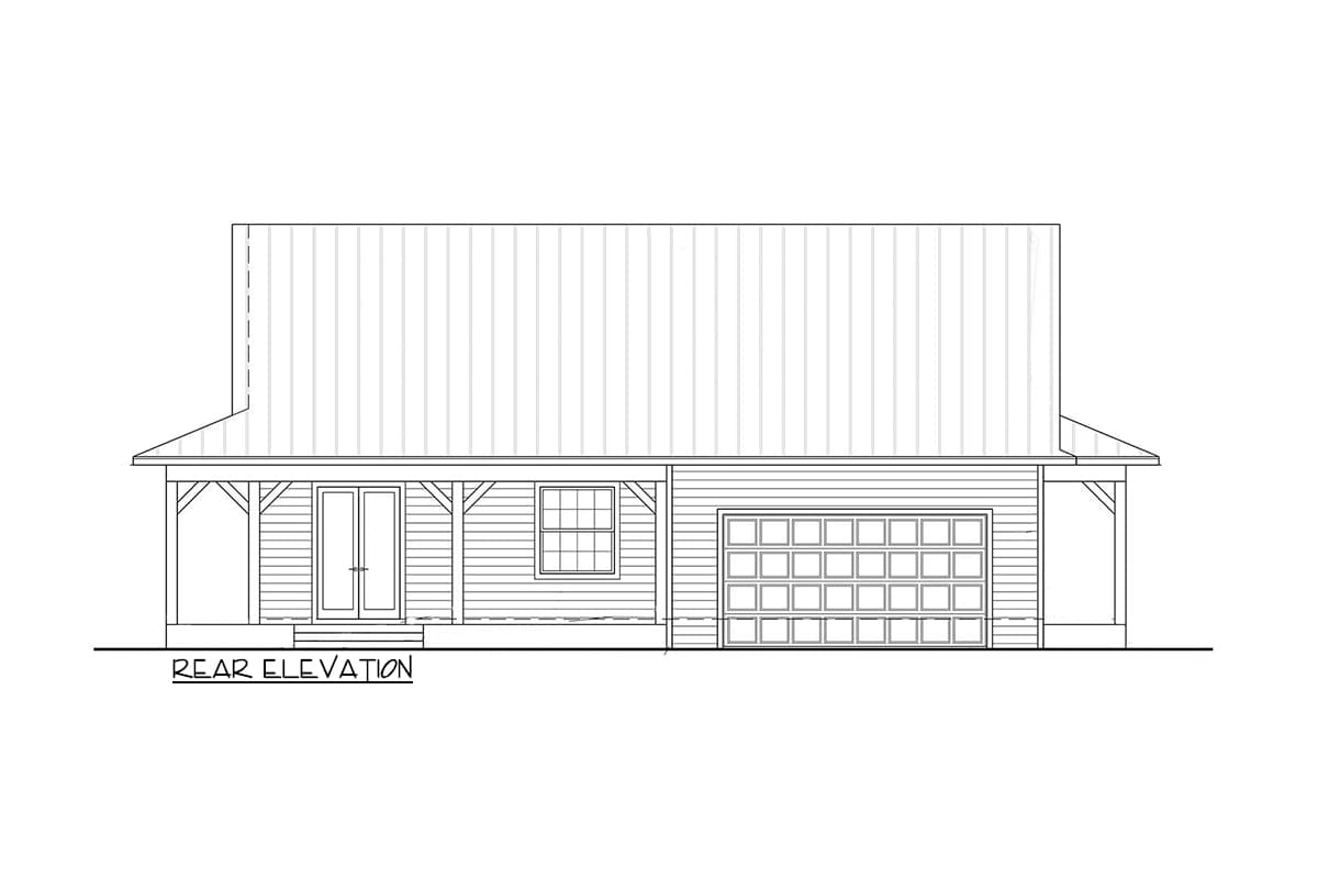 Rear elevation drawing of a house plan featuring a covered porch, double doors, a window, and a two-car garage.
