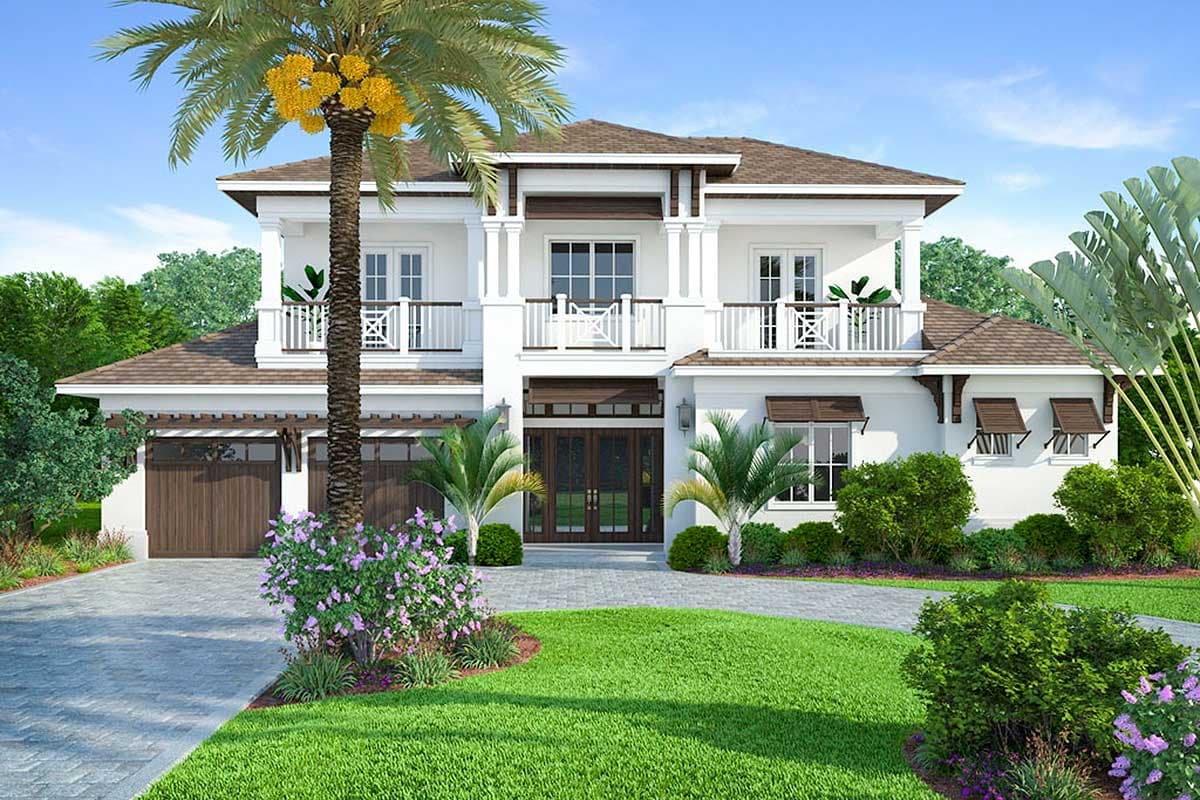 House plan exterior: two-story Modern style home with dual garage doors, balconies, and a covered entryway.