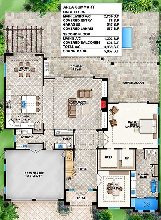 Plan 86011BS: Florida House Plan with Big Upper Balconies - Floor Plan - Main Level - Florida-Style, Mediterranean