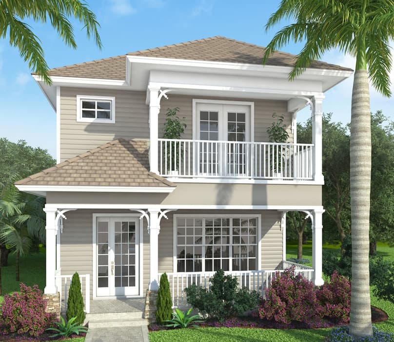 Two-story house plan exterior with gable roof, covered front porch, and upper-level balcony.