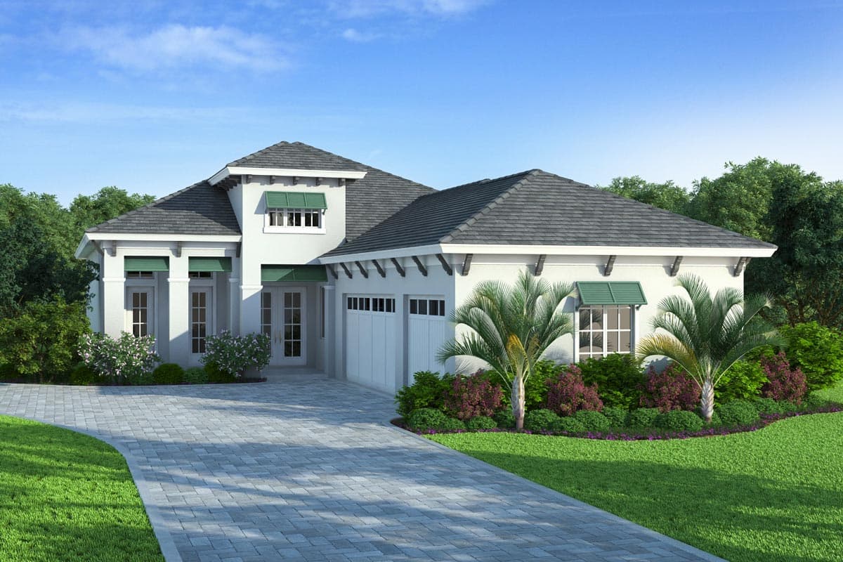House plan exterior: Mediterranean style, one story, double garage, covered entryway with columns, and decorative awnings.