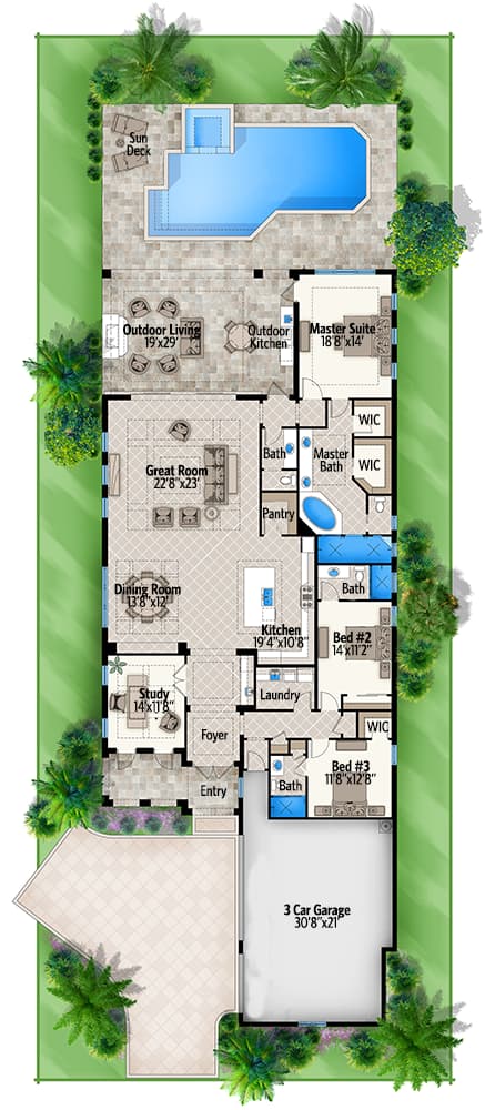 Plan 86014BW: 3 Bed Coastal House Plan with a Study or Home Office - Floor Plan - Main Level - Coastal, Contemporary, Florida-Style, Mediterranean