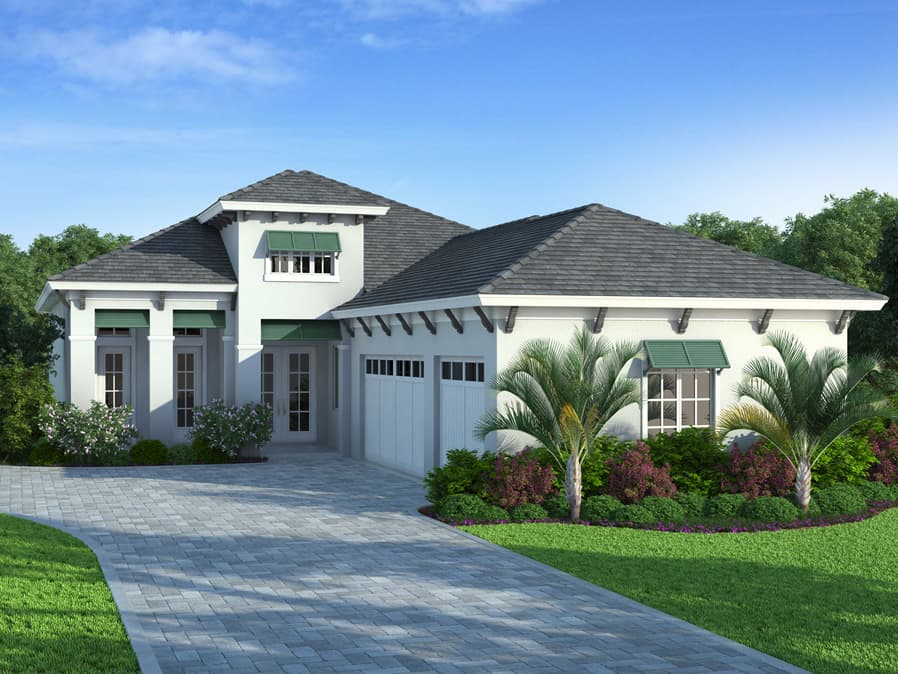 House plan exterior: One-story Modern style with gable roof, covered entry, and attached three-car garage.