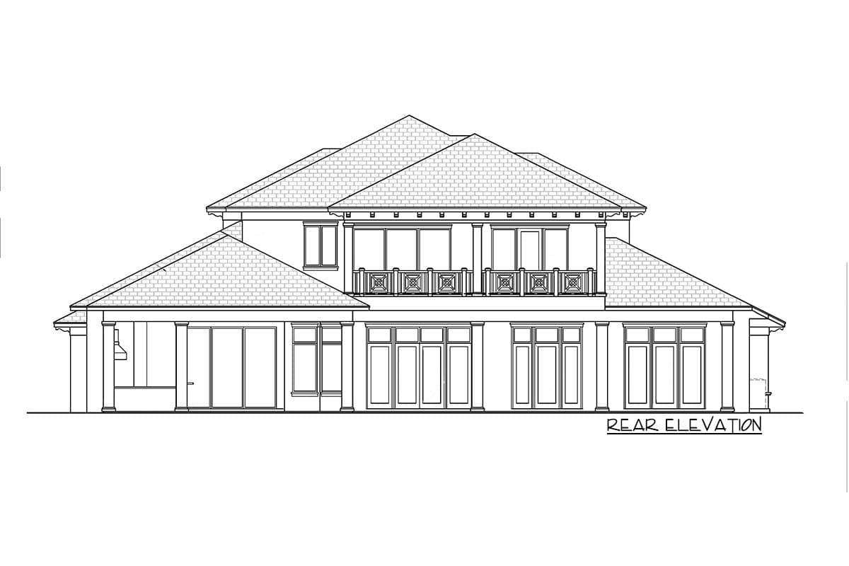 Rear elevation drawing of a two-story house with multiple gabled rooflines, balconies, and large windows.