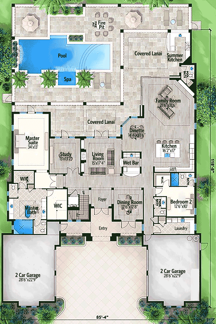 Plan 86016BW: Five Bedroom Florida House Plan - Floor Plan - Main Level - Florida-Style