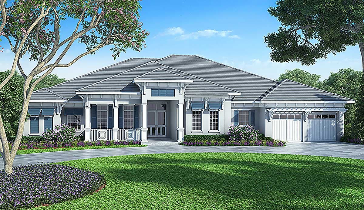 House plan exterior. One-story home with a porch, gabled roof, and attached garage with pergola detail.