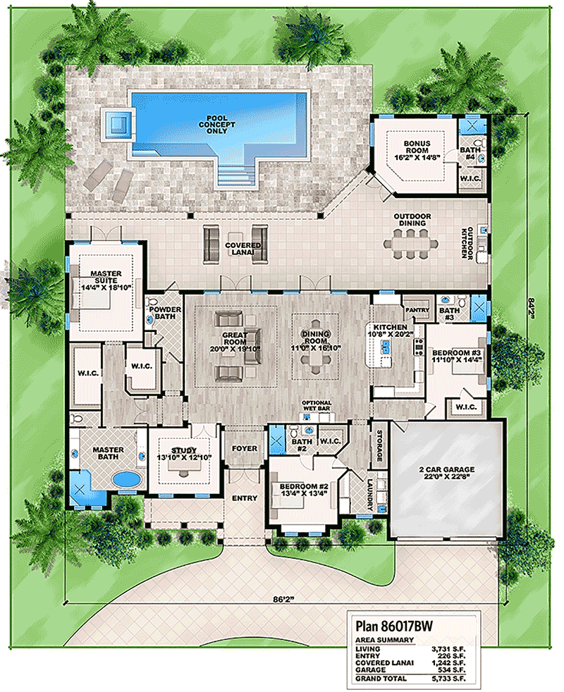 Plan 86017BW: Florida House Plan with Detached Bonus Room - Floor Plan - Main Level - Florida-Style