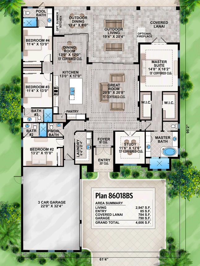 Plan 86018BS: Florida House Plan with Tray Ceilings and Great Outdoor Living - 2947 Sq Ft - Floor Plan - Main Level - Coastal, Coastal Contemporary, European, Florida-Style, Transitional