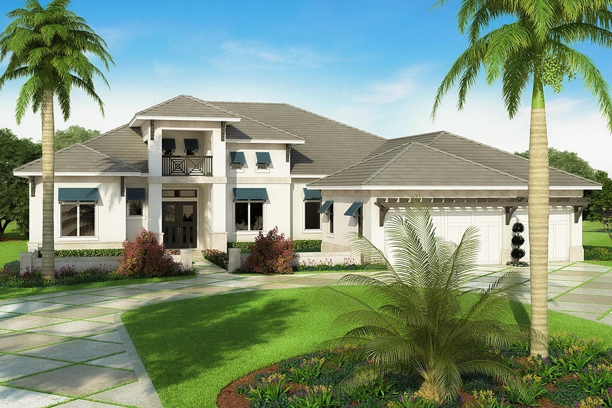 House plan exterior: Two-story Modern style home with balcony, triple garage, hip roof, and awnings.