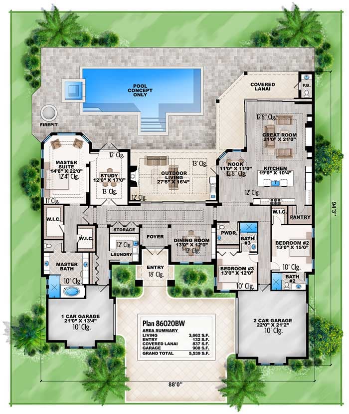 Plan 86020BW: Florida House Plan with Open Layout - Floor Plan - Main Level - European, Florida-Style