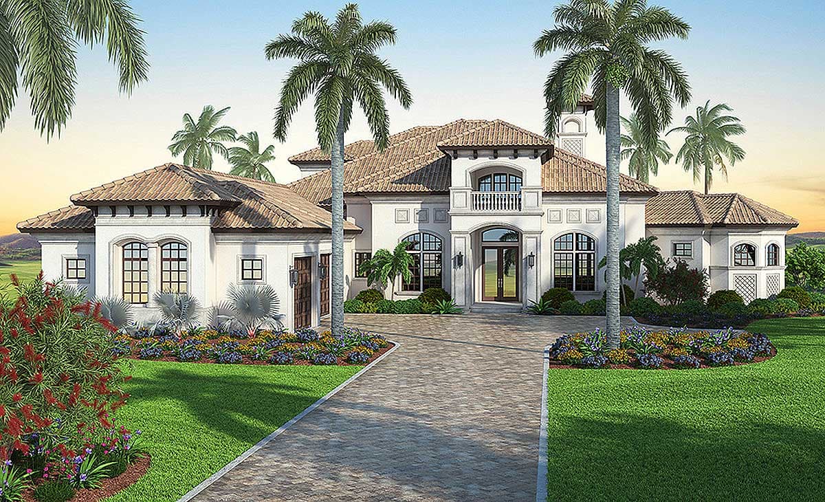 House plan exterior: Mediterranean style, one story, tile roof, arched entry, balcony, and multiple gables.