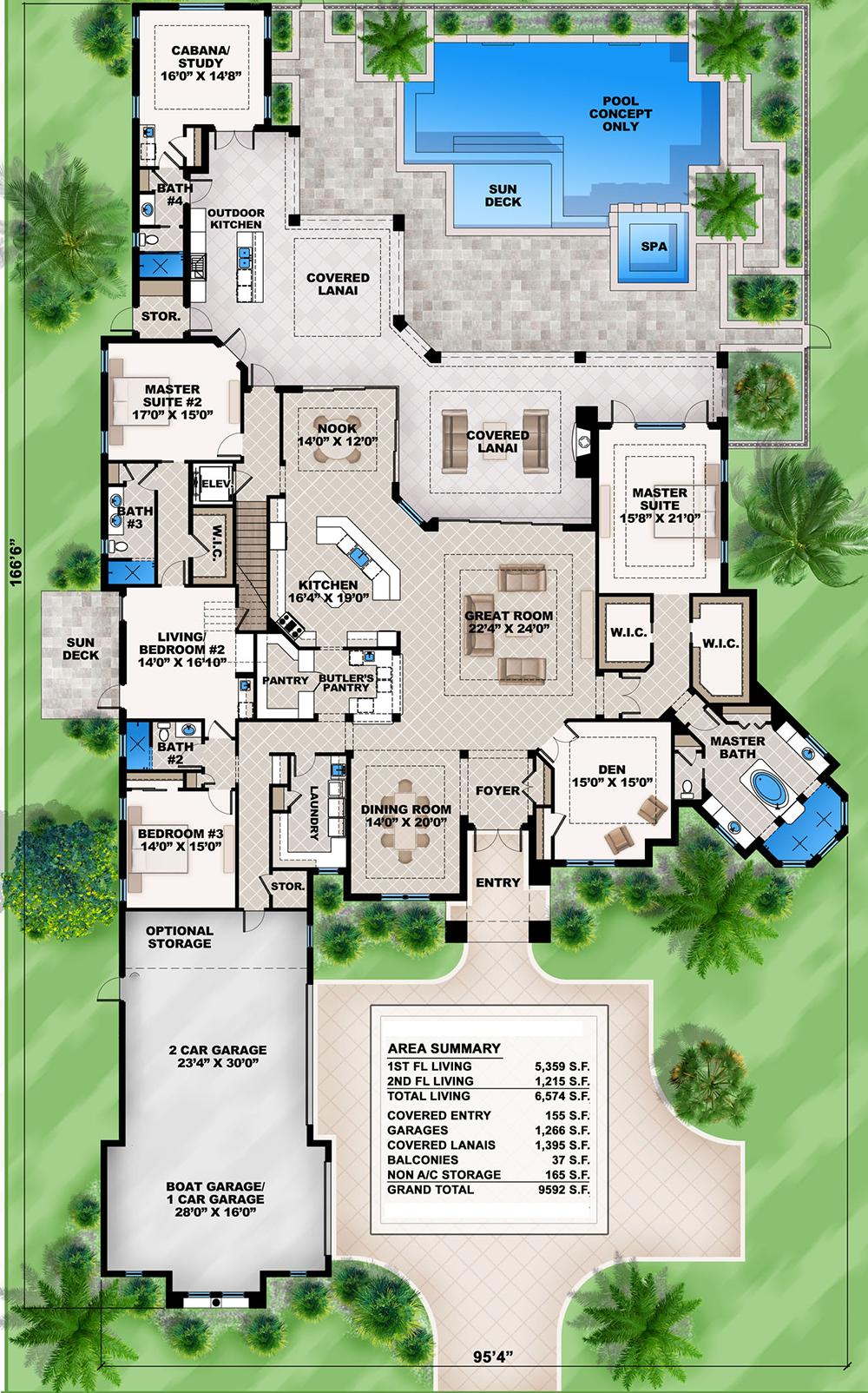 Plan 86021BW: Mediterranean Dream Home Plan with 2 Master Suites - Floor Plan - Main Level - Florida-Style, Mediterranean, Spanish