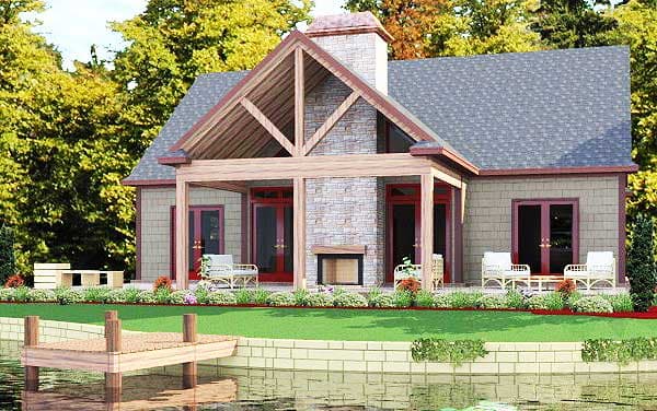 House plan exterior with exposed rafter tails, stone chimney, covered porch, and double doors.