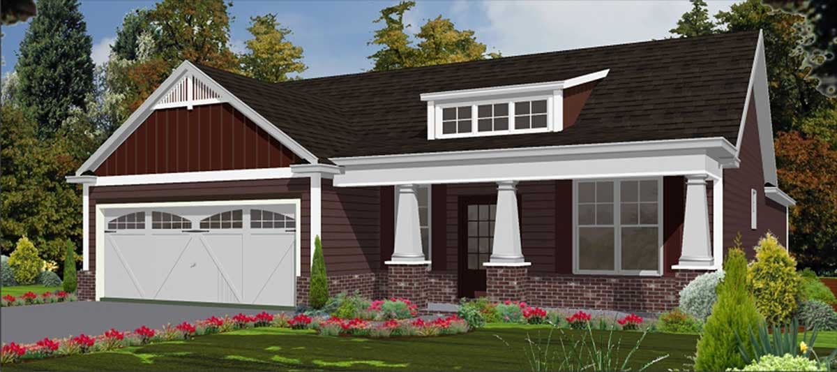 House plan exterior: Ranch style with covered porch supported by columns, gabled dormer, and side-entry garage.