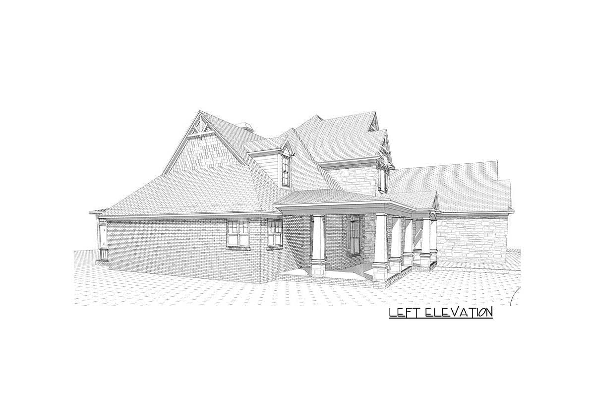 Left elevation house plan showing brick exterior, gabled dormers, and covered front porch with columns.