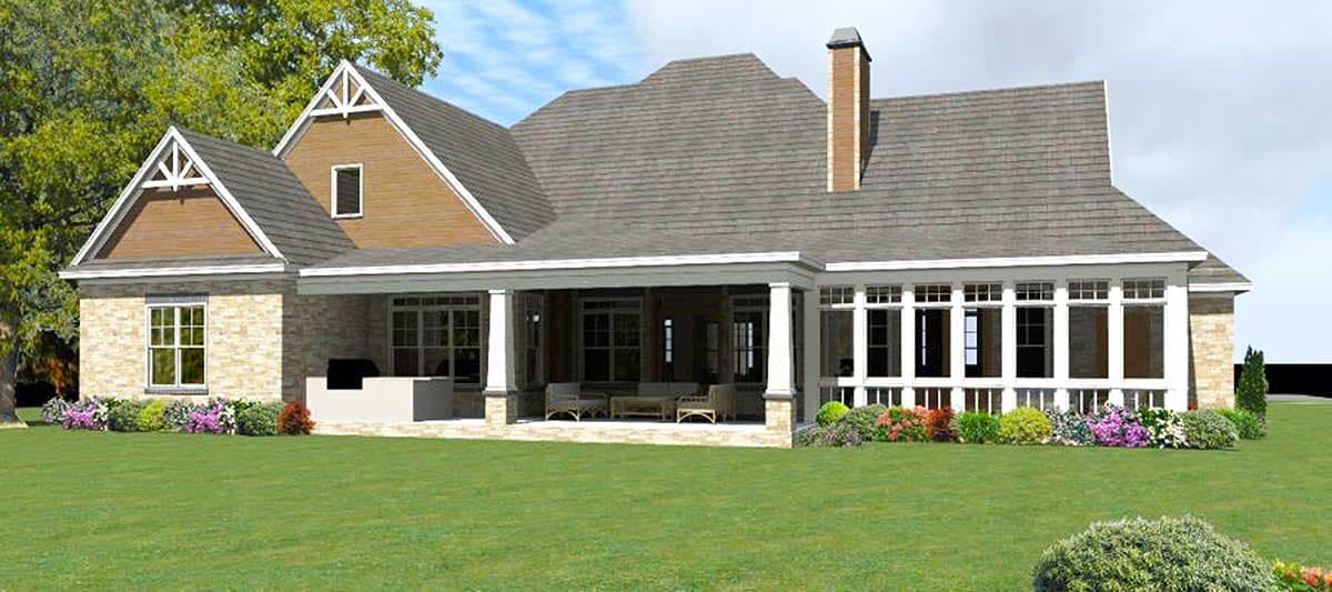House plan exterior: one-story with stone accents, gables, covered porch, and screened-in section.