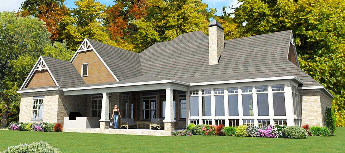 House plan exterior: Two-story Modern Farmhouse with gables, stone accents, covered porch, and sunroom.