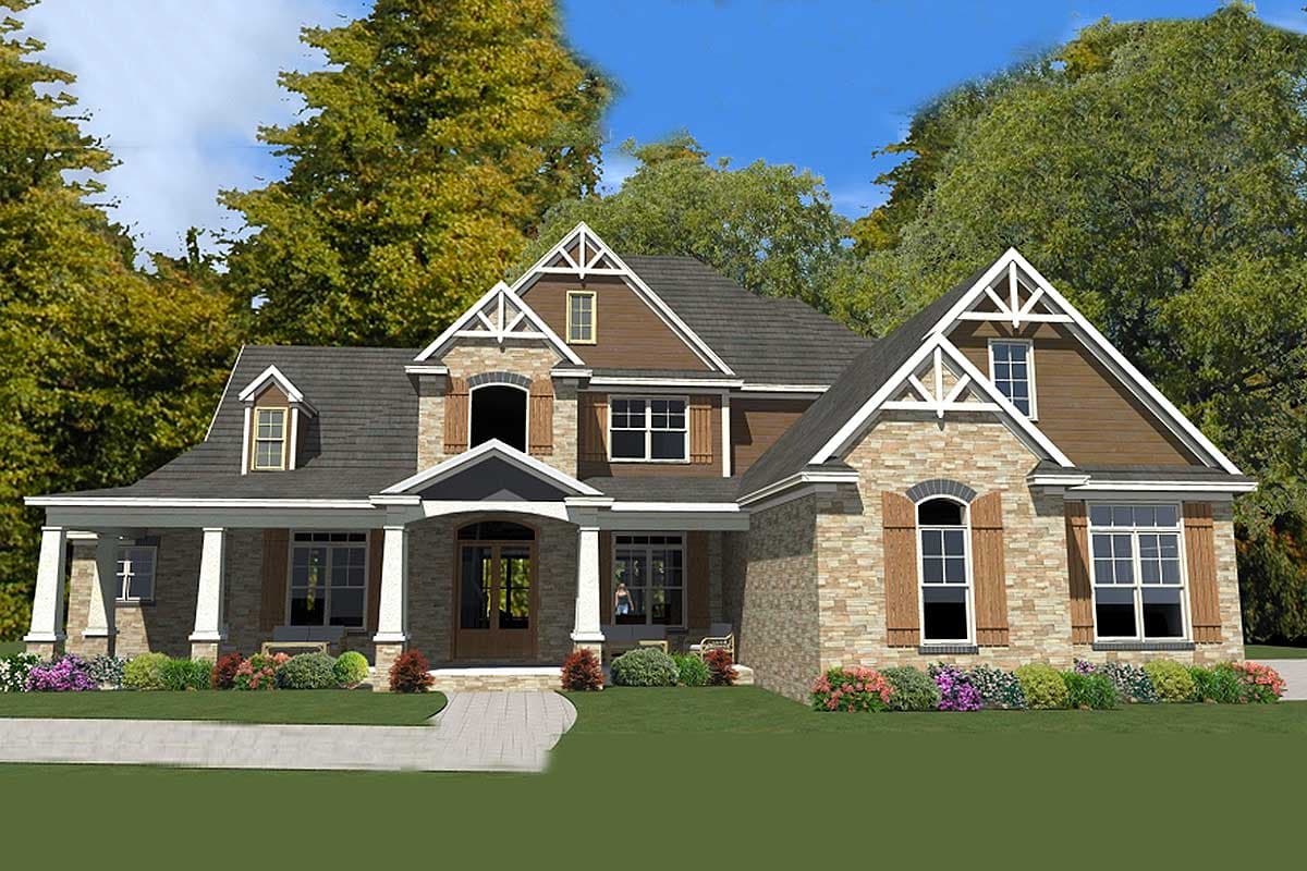 House plan exterior: Stone and wood siding, multiple gables with decorative brackets, covered front porch with columns.